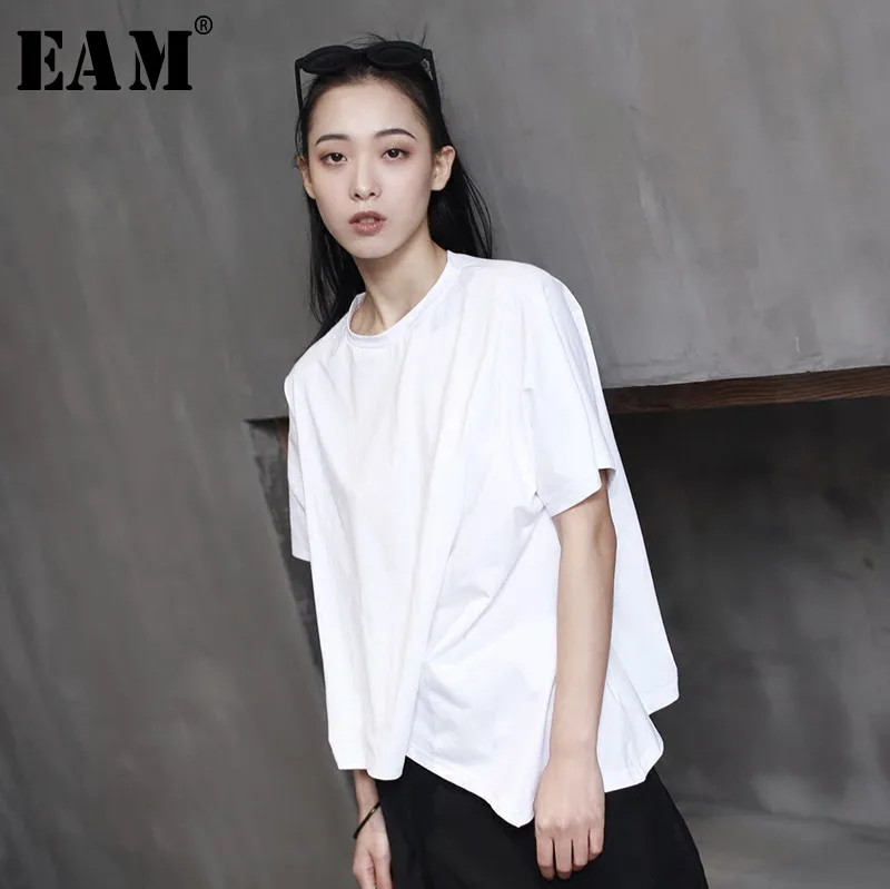 

[EAM] 2019 New Spring Summer Round Neck Short Sleeve Whte Irregular Hem Fold Stitch Loose T-shirt Women Fashion Tide JL445