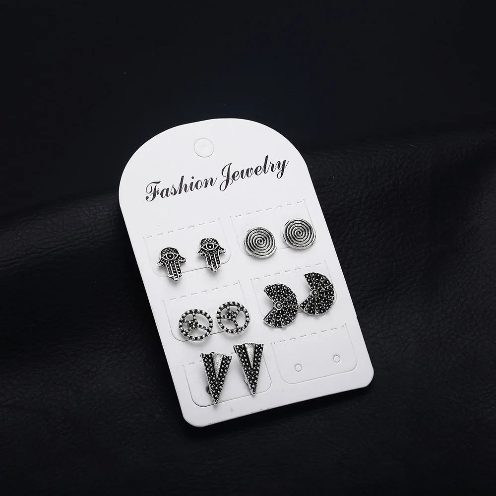 

Vintage Antique Hamsa Fatima Hand Silver Stud Earring Set Mix for Women Ethnic Aircraft Spiral Earrings Jewelry 5 Pairs/set