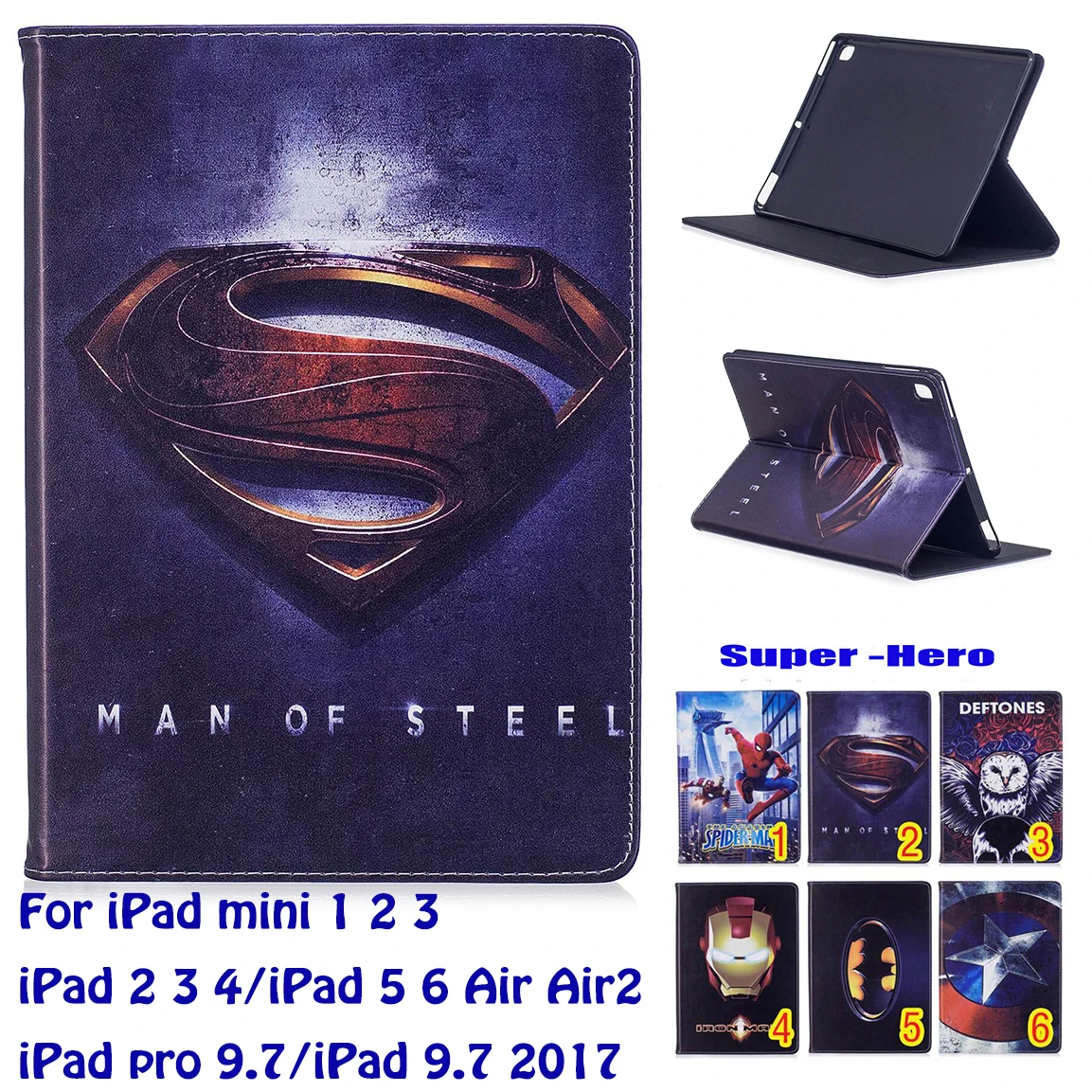 

Spiderman Superman Pattern Case For Apple iPad mini 1 2 3 iPad 5 6 Air Air2 iPad 9.7 2017 iPad 4 Case Stand Funda Tablet Shell