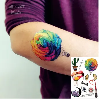 

W11 1 Piece Colorful Rose Hot-Air Balloon Temporary Tattoo with Big Lip, Crystal, Lipstick,Avocado and Cactus PatternTattoos