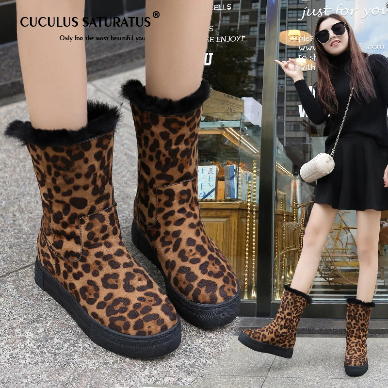 

Cuculus 2019 Leopard letters mid-calf women snow boots plush round toe winter female flats botas femininas de inverno 1995