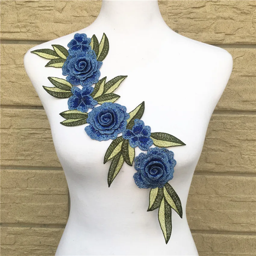 

1Pc 42*13cm 3D Blue Flower Embroidered Lace Sewing for Clothes Applique Diy Accessory Suppliers Sticker Lace Neckline collar