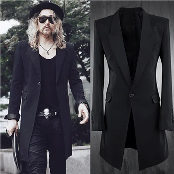 

Mens lapel collar slim fit long blazer jacket one button coat suit black y45