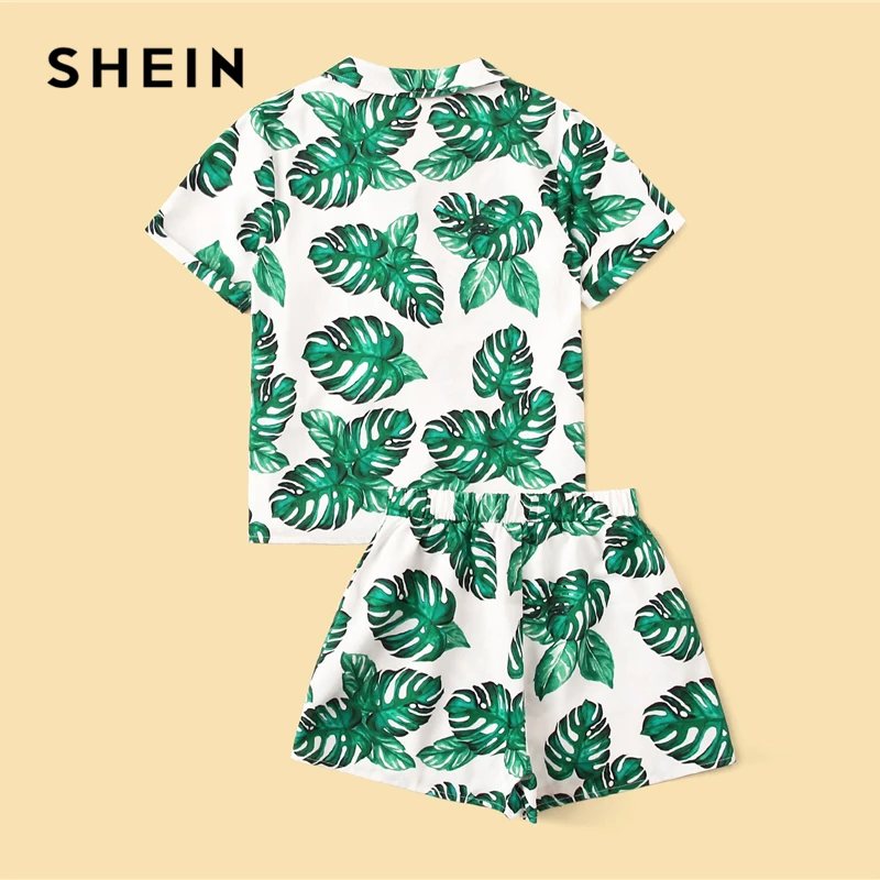 SHEIN/Детская рубашка на пуговицах с тропическим принтом и шорты с бантиком для мальчиков, комплект г. Летняя повседневная одежда с отворачивающимися рукавами и карманами