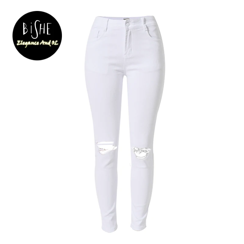 

BiSHE Summer White Hole Ripped Jeans Women Jeggings Cool Denim Washed High Waist Pencil Pants Capris Female Skinny Casual Jeans