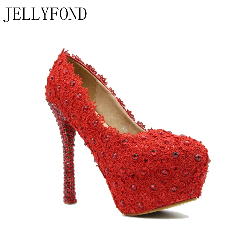 

JELLYFOND 2017 Fashion Women's High Heels Red Flower Lace Platform Wedding Shoes Bling Rhinestones Bridal Pumps Big Size EU42