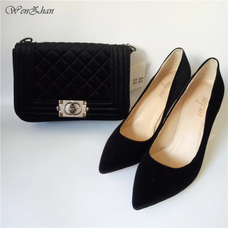 

WENZHAN Latest Shoes Matching Bags Black Flannelette Material For Daily Use,High Heel Shoes With Shoulder Bag Size36-43 712-25