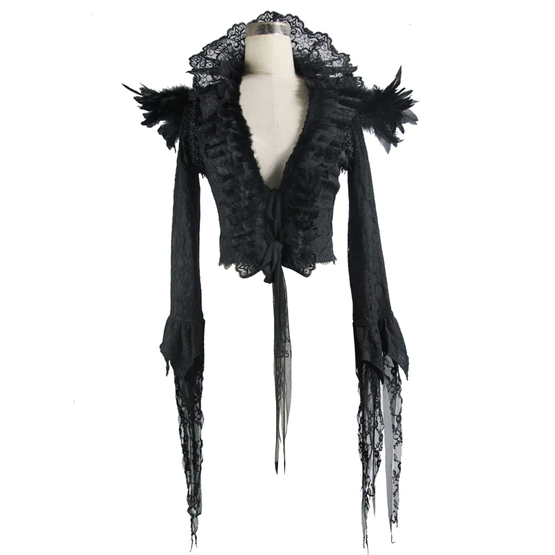 D'hiver Stand Noir Gothique Cour Col Courte Black Veste Dames Automne Partie D'épaule Nouveau Et Plume Dentelle Manteau Plis De 7tKy6gcB