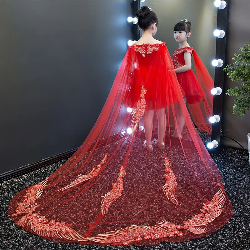 

Flower Girl Dresses for Wedding Detachable Long Trailing Embroidery Kids Pageant Dresss Off the Shoulder Princess Birthday Gowns