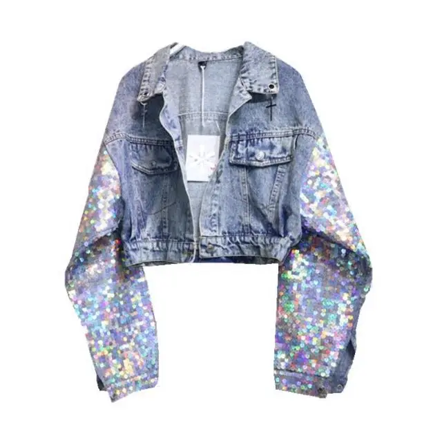 Blingbling Sparkle Sequined Sleeve Denim Crop Jacket Women Long sleeves