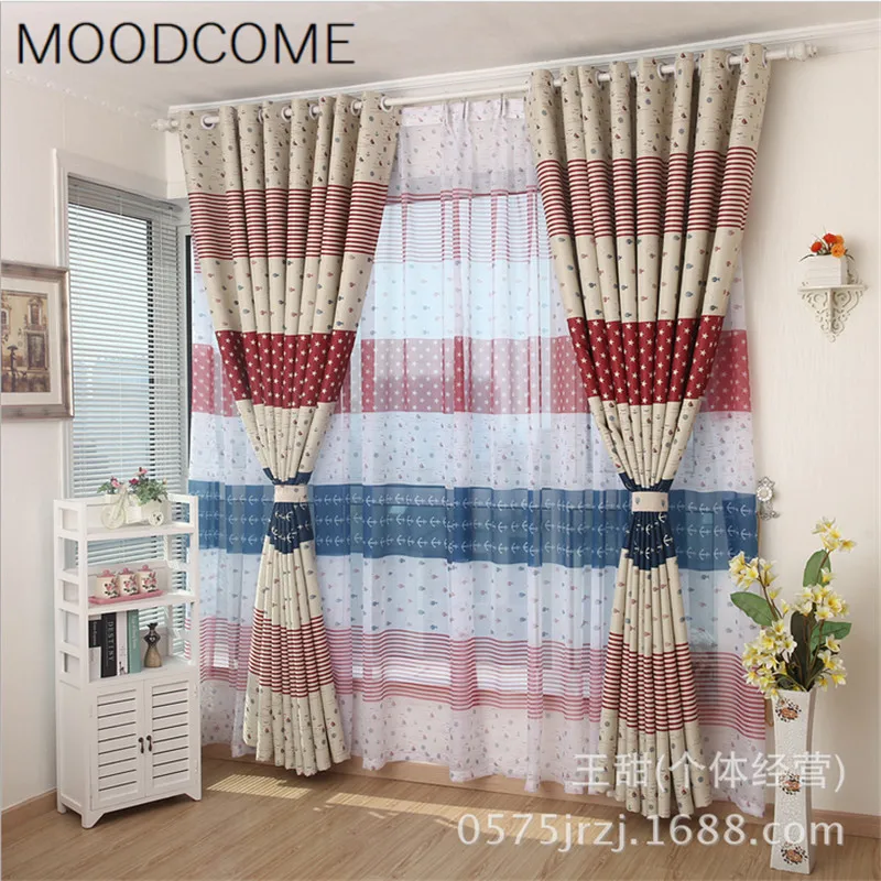 

Mediterranean Striped Full Shading Curtain Cloth Children's Room Simple Curtain Supply Curtains for Living Dining Room Bedroom E