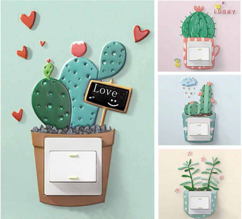 Cactus Switch Sticker Cartoon Room Decor 3D Wall Silicone On-off Luminous Light Outlet | Дом и сад