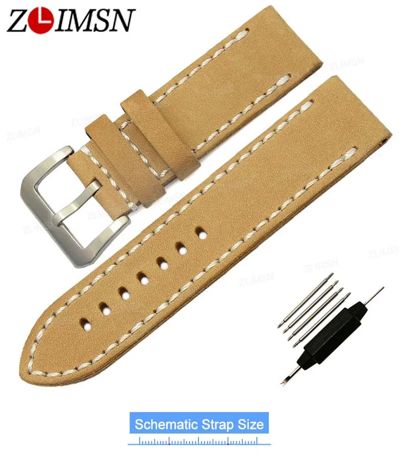 ZLIMSN Genuine Leather Watch Straps 20 22 24 26mm Belt Thick Khaki Universal Watchbands Brushed