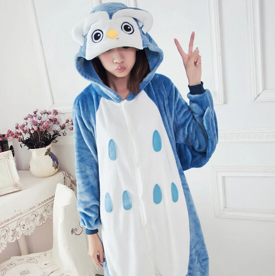 

High Quality Wholesale Blue Owl Unisex Flannel Hoodie Pajamas Costume Cosplay Animal Onesies Sleepwear For Men Women Adults