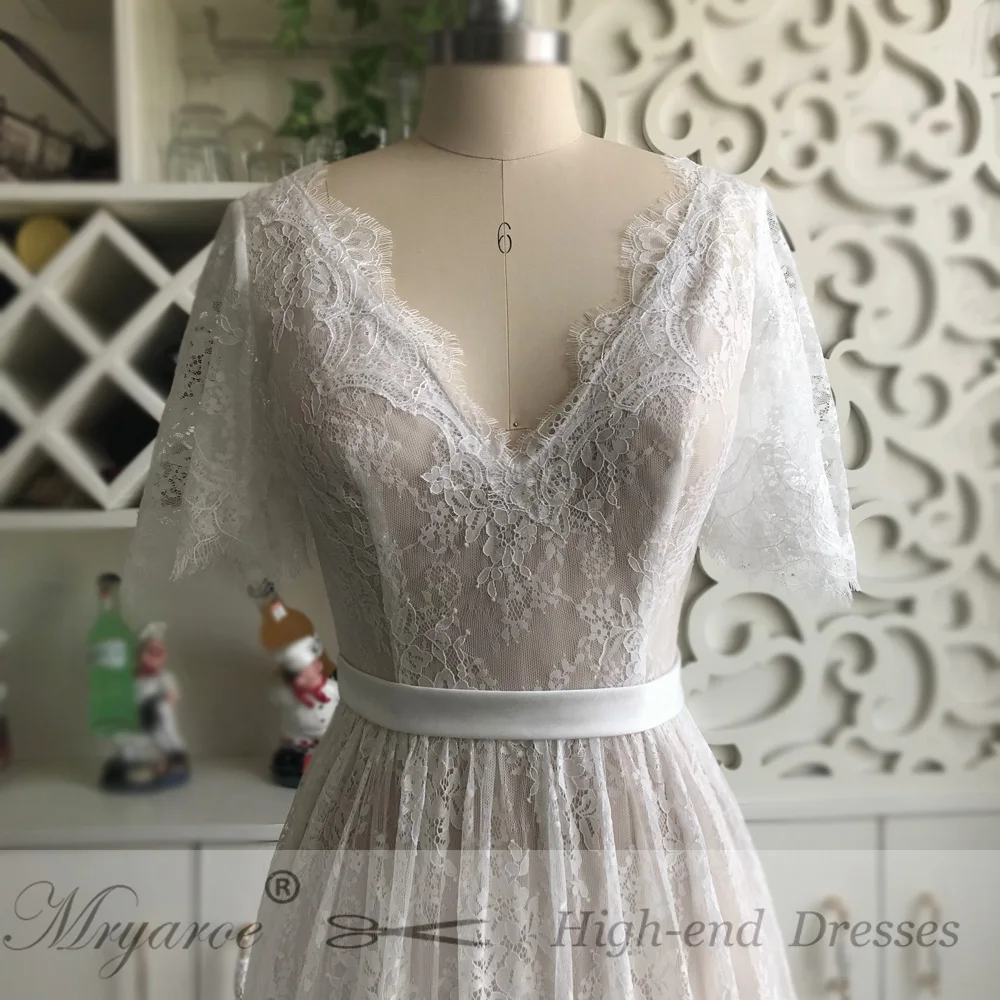 Mryarce New Arrival Flare Sleeves Lace Bohemian Garden Wedding Dress V Neck A Line Open Back Boho Bridal Gowns 2