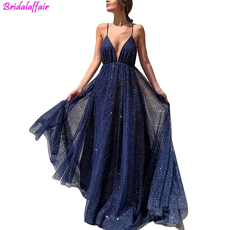 

Women's Robe De Soiree Sparkling Sequined Deep V-Neck Prom Dresses 2019 Long Backless Tulle Formal Evening Gown Party For Women