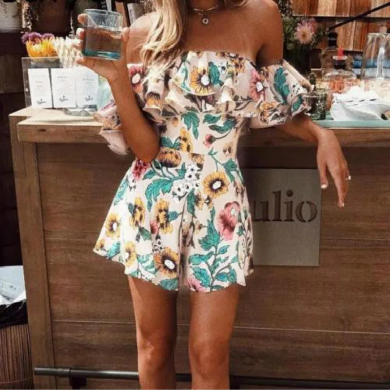 Boho Floral Print Holiday Beach Jumpsuits Women Sweet Clothes Off Shoulder Ruffles Jumpsuits Rompers Sexy Girl Short Overalls