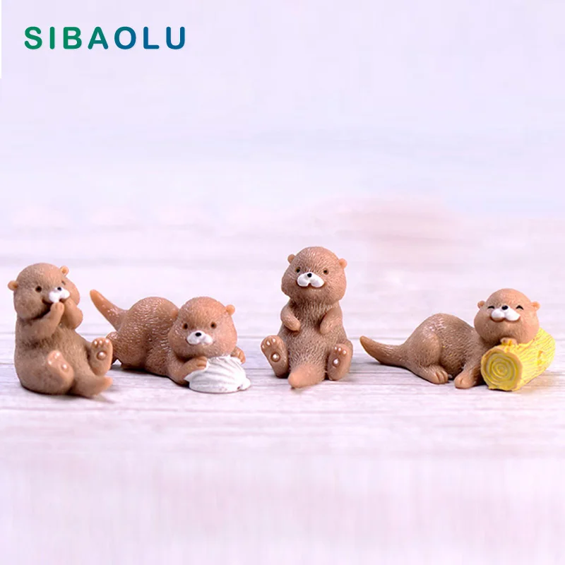 

4pcs Artificial Brown Otter figurine animal Model home miniature fairy garden house cake desk decoration DIY accessories modern