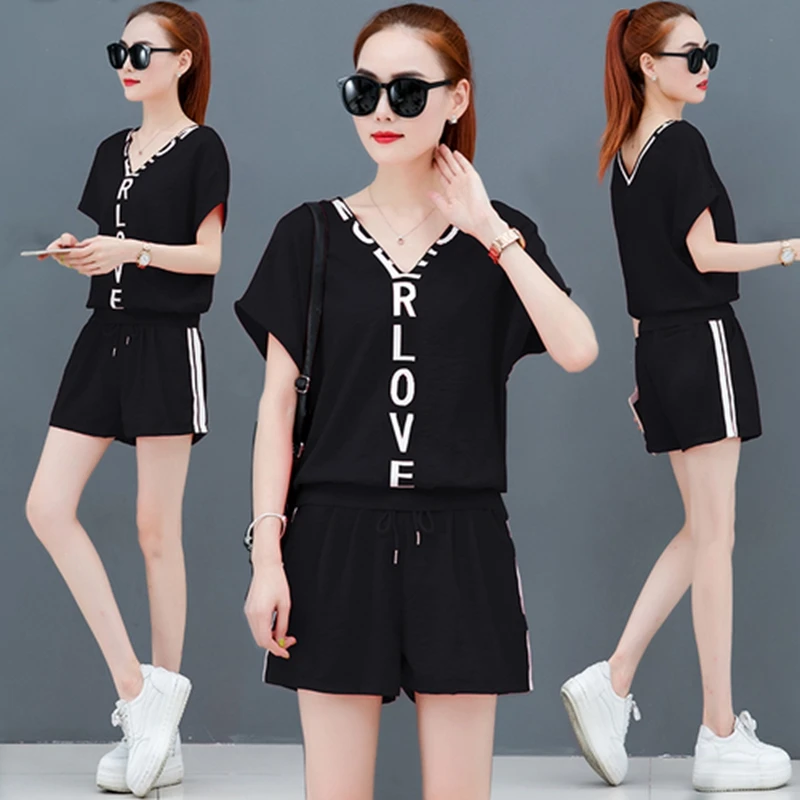 

Women 2 Pieces Set Summer Suit Korean Student Fashion Shorts Twinset Letter Print Tops +Drawstring Shorts Red White Black Set