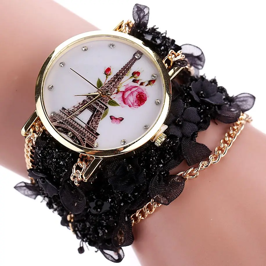 

Women Dress Fashion Watch Duoya Flower Eiffel Tower Bracelet Quartz Wristwatch Clock Ladies Vintage Luxury Watch Dropshipping