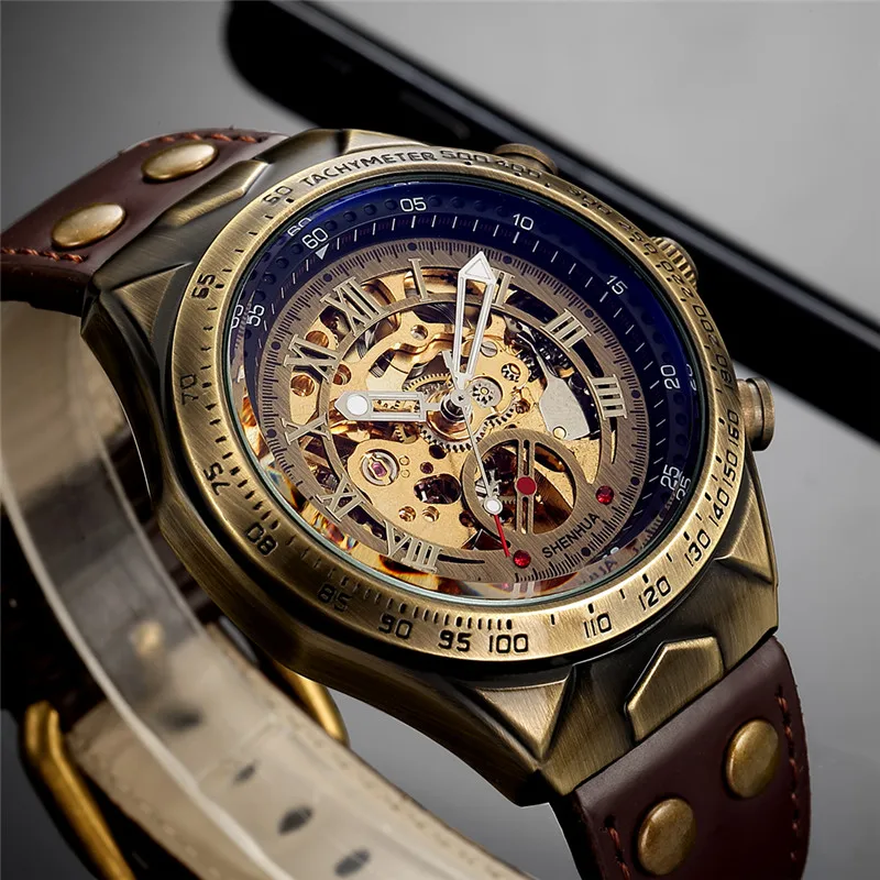 Men Watch Skeleton Automatic Mechanical Male Clock Top Brand Luxury Retro Bronze Sport Military Wristwatch relogio Masculino