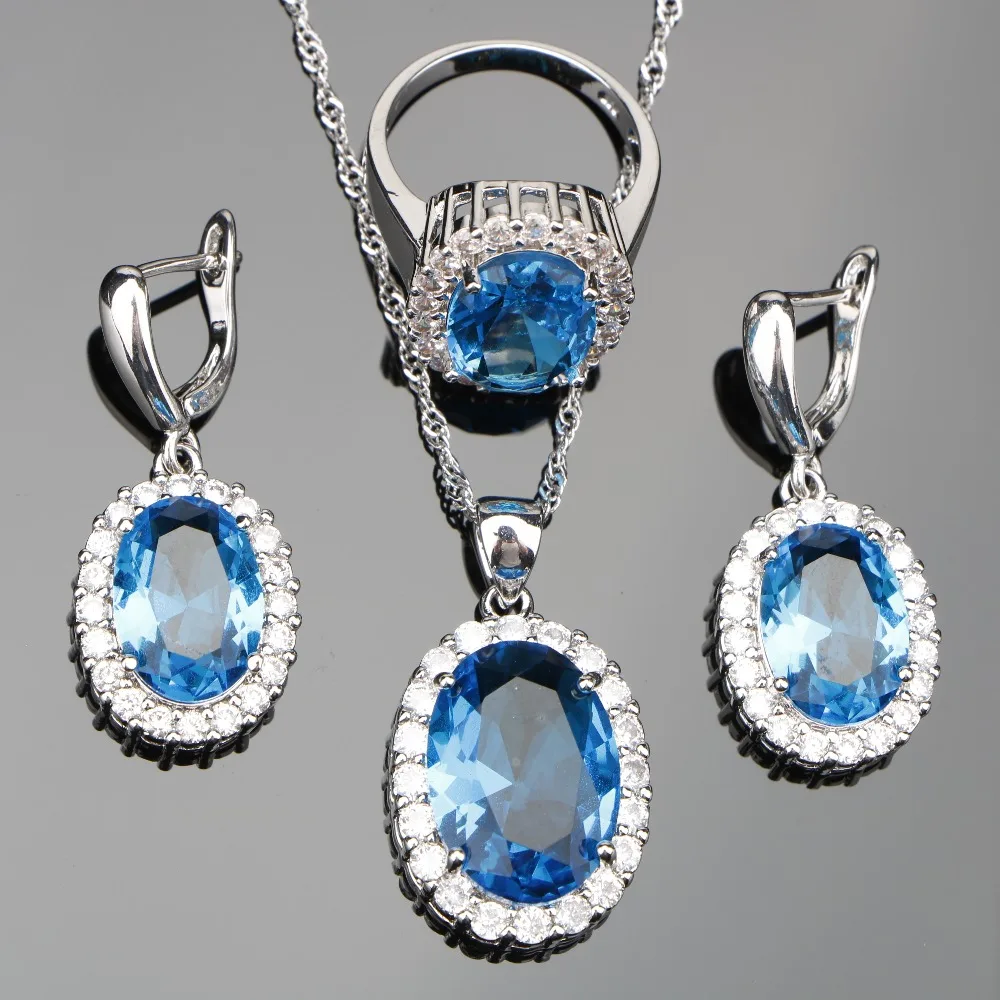Blue Zircon Bridal 925 Sterling Silver Jewelry Sets Women Earrings With