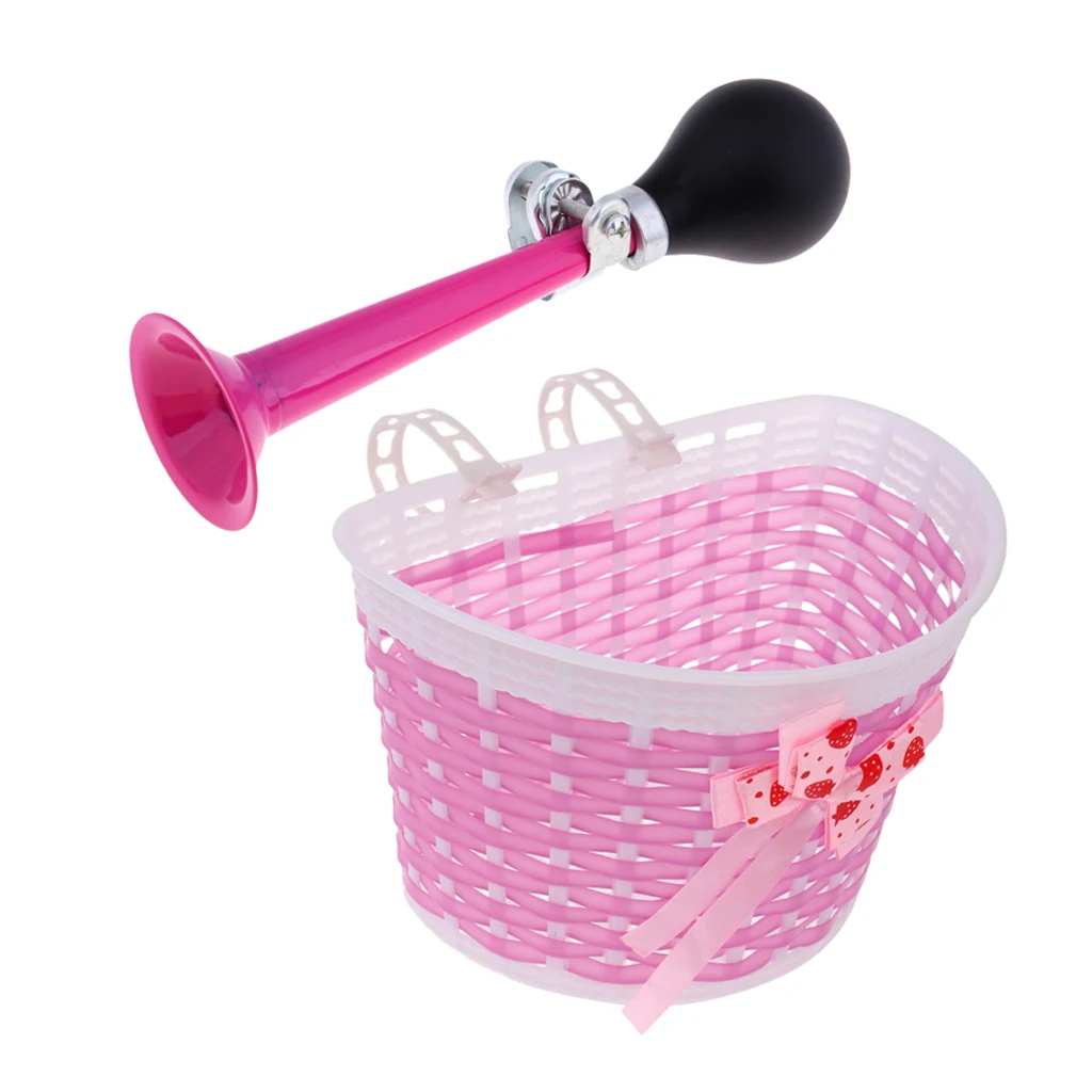 Kids Rubber Bulb Bike Air Horn Bugle with Front Basket Shopping Holder for Girls Bicycle Scooter Pink Purple