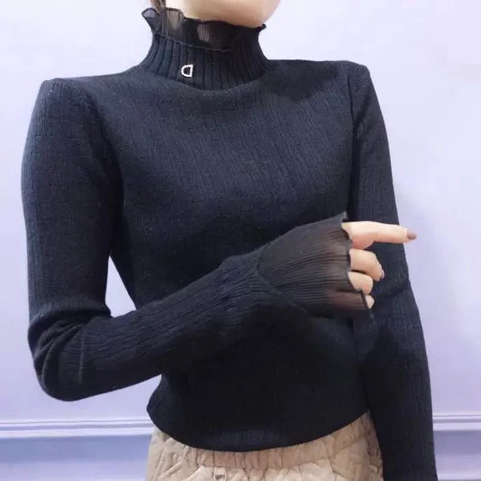 Ruffled Collar Autumn Winter Women Pullovers Sweater Knitted Elasticity Casual Jumper Fashion Slim Winter Warm Female Sweaters