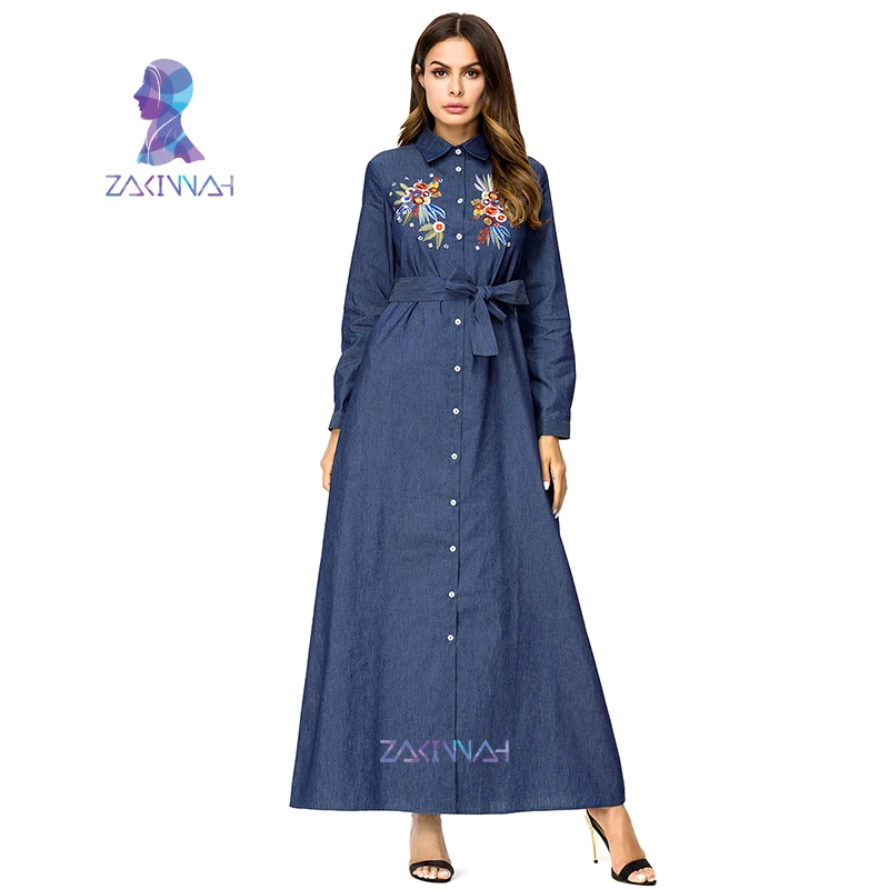 

Muslim Embroidery Bandage Shirt Denim Dress Abayas For Women Arab Dubai Islamic Clothing Ladies Plus Size Fashion Robe