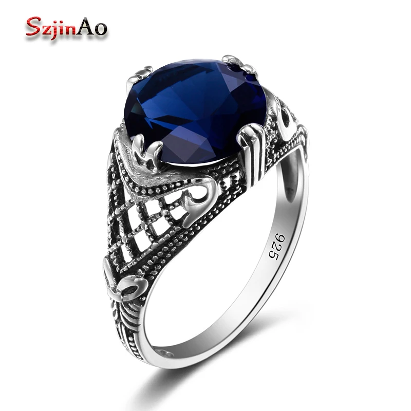 

Szjinao Korean Wedding Rings For Women Round Blue Sapphire Vintage Style Adornment 925 Sterling Silver Jewelry Crown Ring