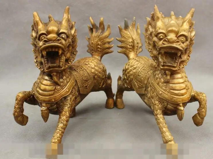 

S01077 8" FengShui Chinese Bronze Copper Folk Guard Dragon Kylin Chi-lin Statue Pair B0403