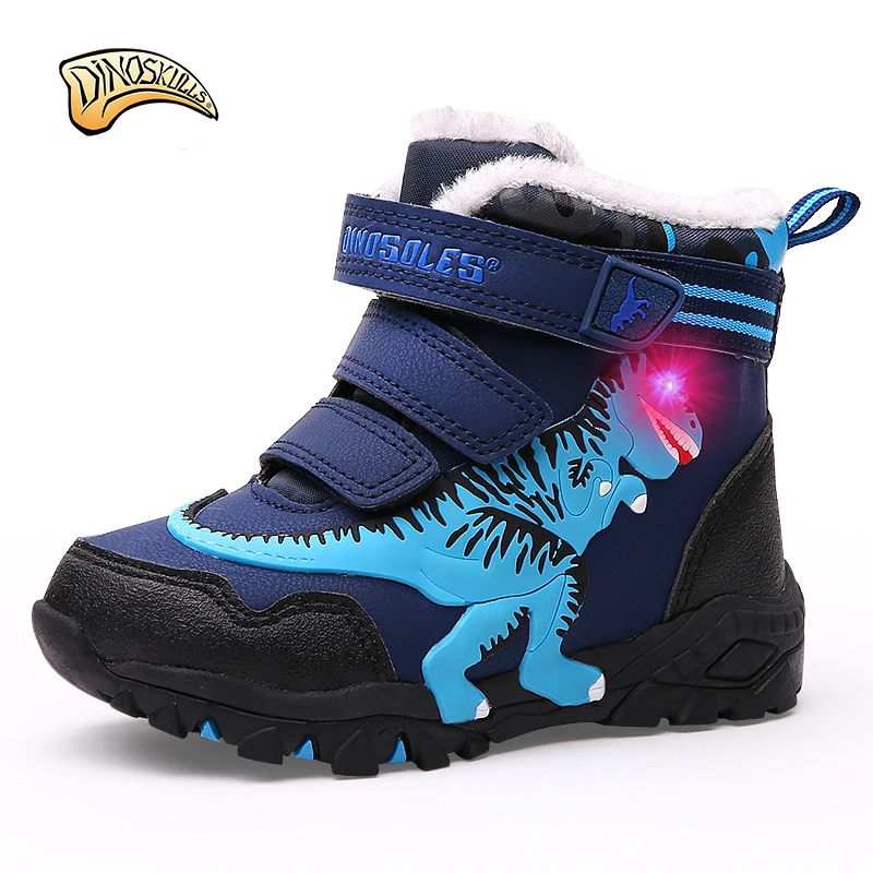 Dinoskulls Boys High Boots Children Warm Fleece Boots Kids Boys Winter Warm Shoes Light Up Led Shoes Boys T-REX Boots 27-34