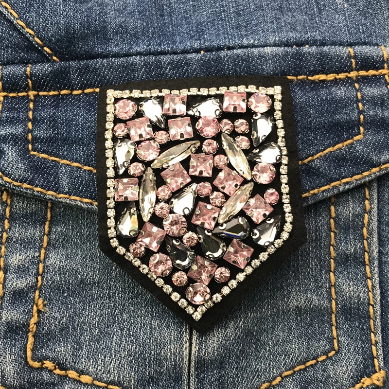 1PCS Pink Rhinestones beads badge patches DIY applique vintage embroidered fabric fashion