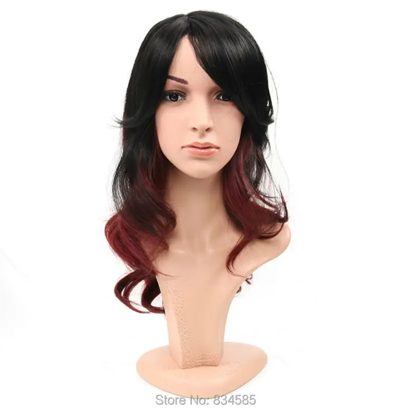 

Women Cosplay Wig Girls Fashion Wave Curly Long Hair With Tilted Frisette Black+Wine Red