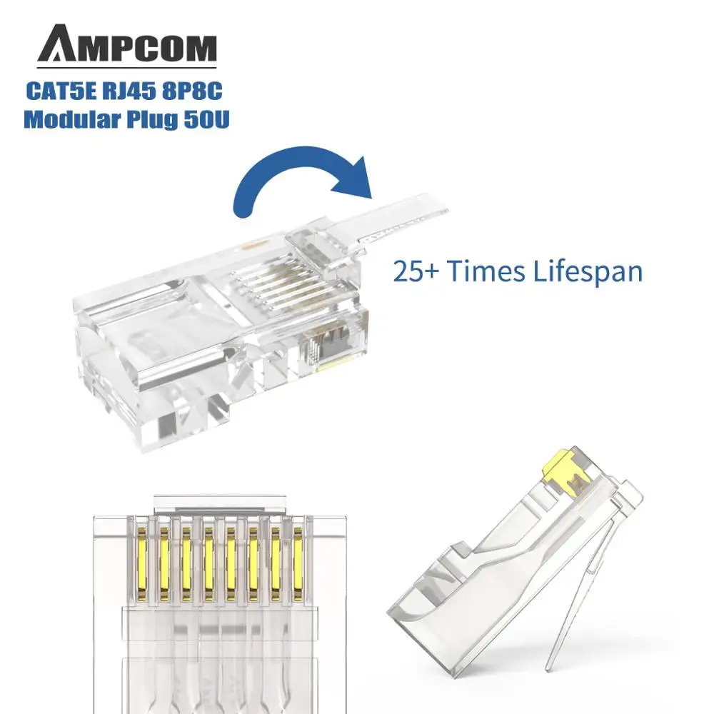 AMPCOM CAT5e UTP 50U RJ45 модульный разъем 8P8C обжимной Конец Ethernet кабель Ethernet разъем