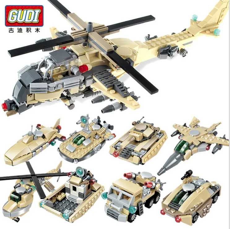 

GUDI Building Toys Tank Plane 8 IN 1 Military War Weapon Special Forces Army Helicopters Model Educational Kids Toys Gift 8007