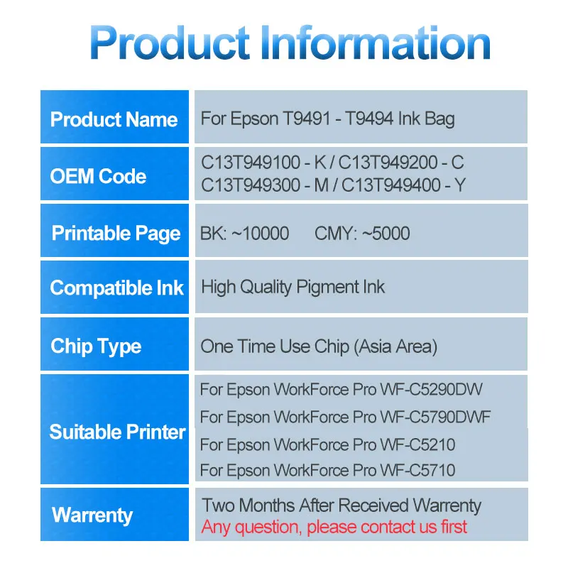 T9491 XL Φ пигментная чернильная сумка с чипом для Epson принтер (Asia Area) T9491XL|Наборы