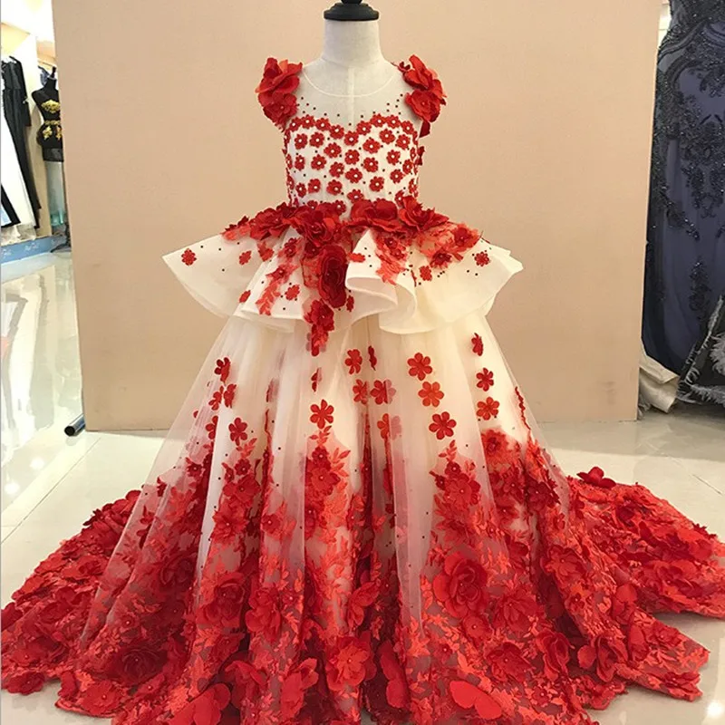 

Baby Girls Red Dresses 3D Flowers for wedding Appliques Kids Party Dresses Pageant Gown Floral Costume Custom Made Size