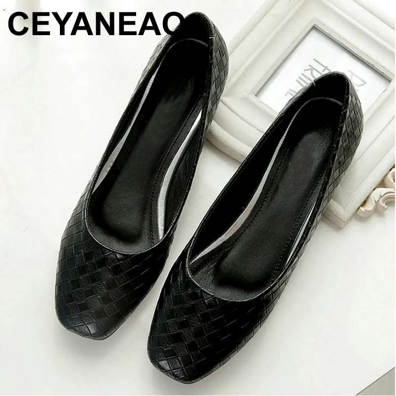 

CEYANEAO Female Checkered PU Leather Square Toes Flats Shoes Women Shallow Slip-on Shoes Lady Comfort Flat Heels Shoe WomanE1162