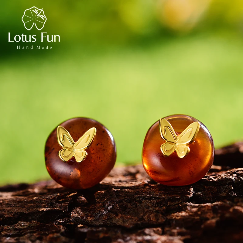 Lotus Fun реальные стерлингового серебра 925 Натуральный Янтарный камень ручной