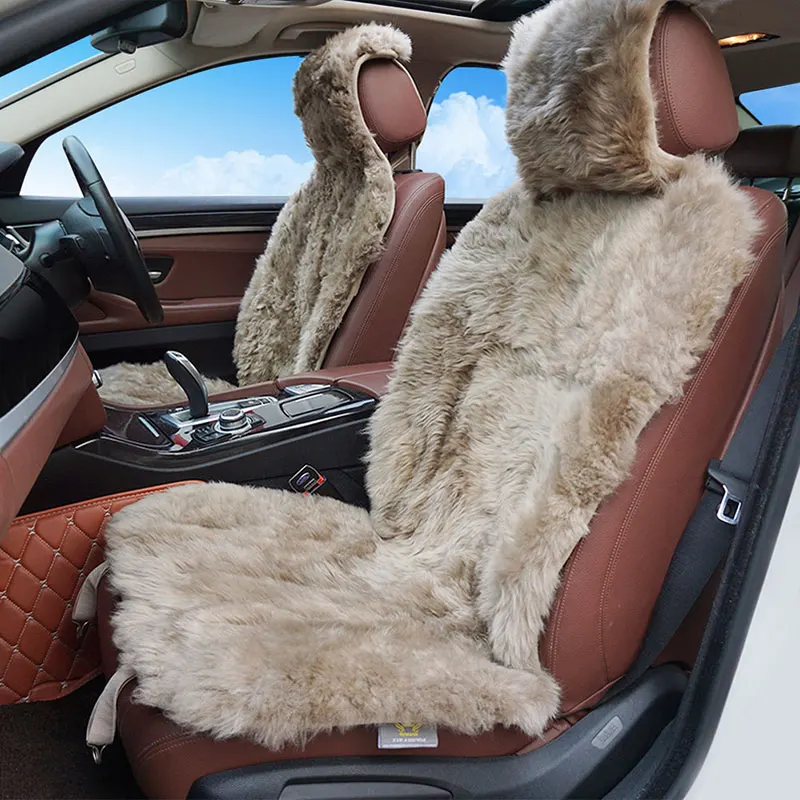 2pcs Natural fur sheepskin car seat cover seasons 3 colour front seat cover for car peugeot 206 for car volvo s40 for car ix25 - Color Name: khaki