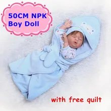 NPK New 50CM Bebe Reborn Doll Full Silicone Body Alive Sleeping Baby Boy With Cute Blue Clothes&Free Quilt As Toys For Girls