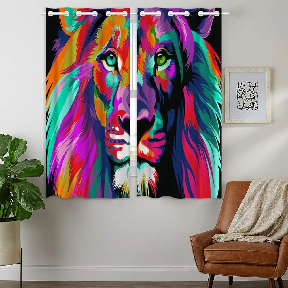 

Blackout Curtains Darkening 2 Panels Grommet Window Curtain for Bedroom Colorful Hand Drawn Lion Head Art Design