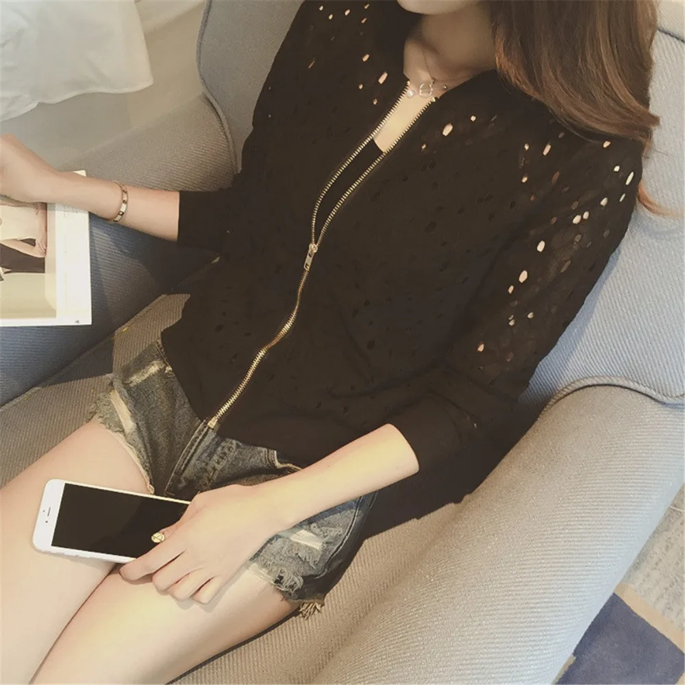 

2019 New Spring Hollow Out Jackets Casual Slim Women Thin Jacket Lady Plus Size white black Sun protection clothing