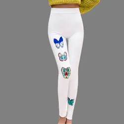 Кожаные штаны 2018 Осенние блестки бабочка вышивка Высокая Талия Bodycon брюки из искусственной кожи Тонкий Bodycon Повседневные женские леггинсы