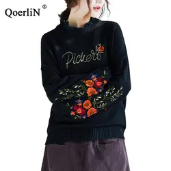 QoerliN Винтаж кашемировые Кофты для женщин осень вышивка цветок осень зима новый кружево декольте теплый пуловер повседневное дамы