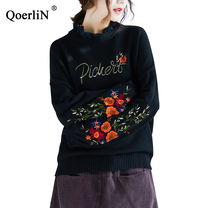 

QoerliN Vintage Cashmere Sweatshirts Women Autumn Embroidery Flower Autumn Winter New Lace Neckline Warm Pullover Casual Ladies
