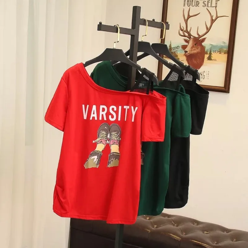 

Ubetoku 2018Women's Summer Cotton T-Shirt Sexy Mesh Strapless Letter Cartoon Print Tops Plus Size Lady Clothing(T125)