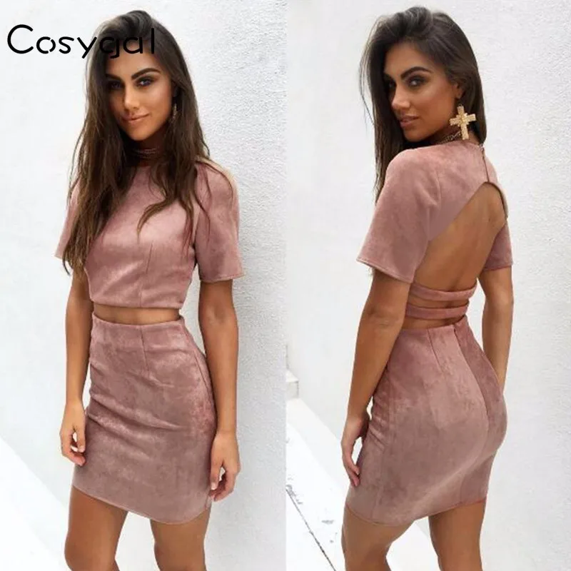 

COSYGAL New arrival 2 piece outfit dress vintage style short sleeve package hip dress for ladies suede O neck sexy party dresses