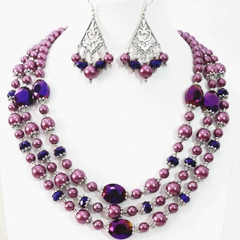 

Newly Purple necklace 3rows earrings round shell simulated-pearl oval crystal beads special making jewelry set 18-22" B998